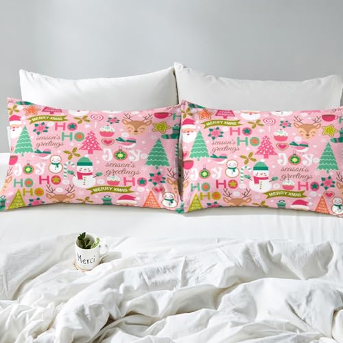 Kids King Christmas Tree Sheet Set Pink Deep Pocket - Holiday Bedding