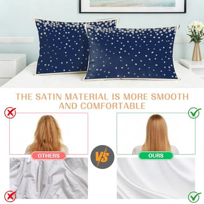 Navy Blue Satin Pillowcases Queen Size 2 Pack with Zipper - Watercolor Polka Dots, 20x30 Inches, Sleep & Hair Care
