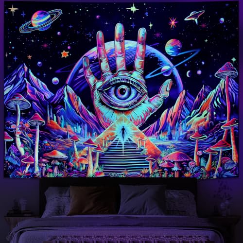 Blacklight Trippy Eye Tapestry UV Reactive Hamsa Hand Evil Eye Decor 59.1"L x 51.2"W