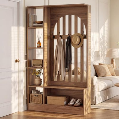 Room Divider with Storage Shelves and Bench - Freestanding Coat Rack & Open Shelves