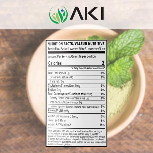 AKI Refreshing Mint Leaves Powder - Non-GMO, and Vegan Friendly | May Supports Digestion and Useful in Flavoring, Cooking, Baking, Drinks Tea, Cocktails, (3 Oz / 85g)