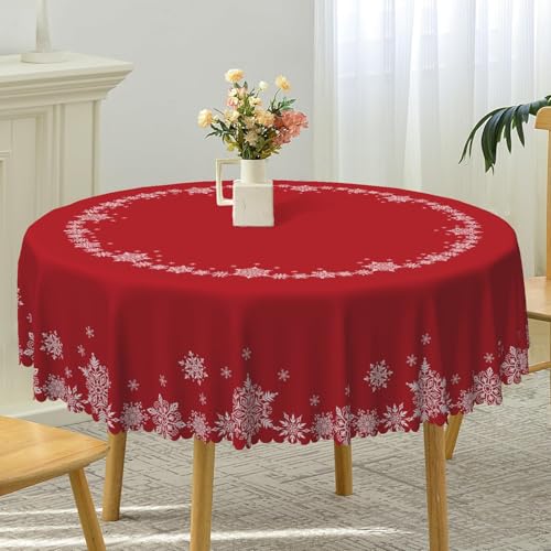 Christmas Round Tablecloth 24 Inch Red and White Snowflakes Holiday Decor