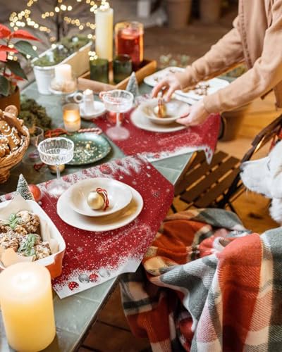 Christmas Cotton Linen Placemats Set of 6 - Red Sparkle Ornaments 13x19 Inches