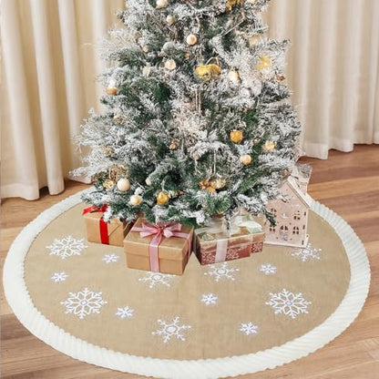 60 Inch Christmas Tree Skirt Burlap with Fur Border Snowflake - Large Holiday Decor
