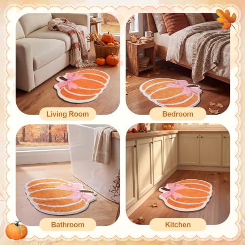 Fall Pumpkin Bath Rug with Pink Bow - Non Slip 23 Inch Bathroom Mat