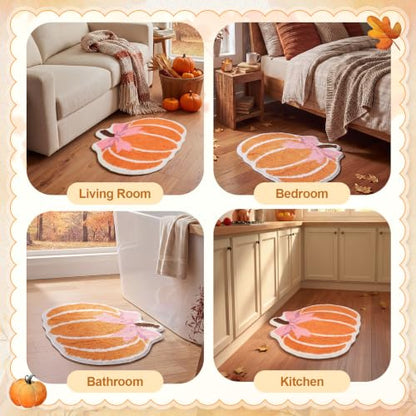 Fall Pumpkin Bath Rug with Pink Bow - Non Slip 23 Inch Bathroom Mat