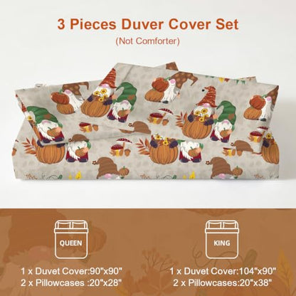 Brown Tan Queen Thanksgiving Duvet Cover Set with Gnome Pumpkin Fall Design