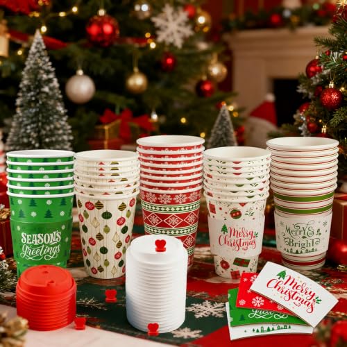 Red Green Christmas Hot Coffee Cups with Lids and Sleeves - 50 Pack, 12oz