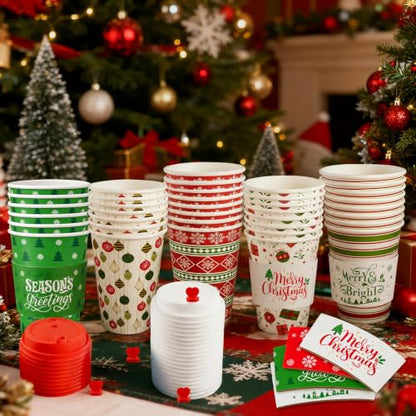 Red Green Christmas Hot Coffee Cups with Lids and Sleeves - 50 Pack, 12oz