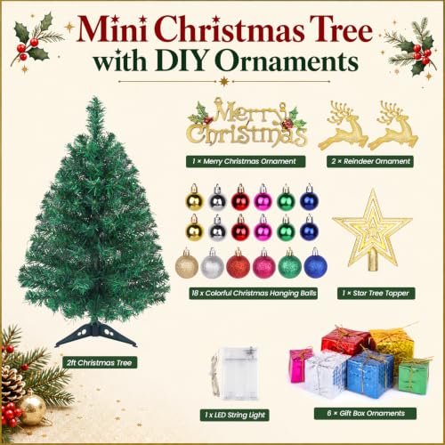 Mini Christmas Tree with Lights - 2 Ft Tabletop Holiday Tree Set of 2, Green