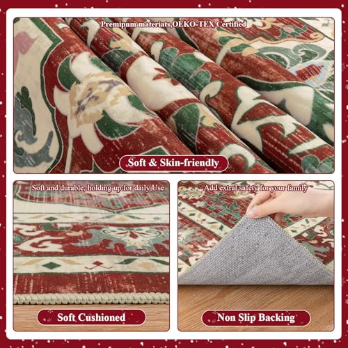 Red Christmas Area Rug 9x12 - Boho Vintage Floral, Non-Slip Backing, Washable