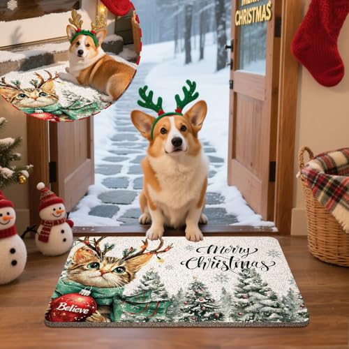 Merry Christmas Tree Cat Door Mat with Snowflake Winter Design - 17x30 Inches - Outside Entrance Welcome Mat - Indoor & Outdoor Use - Variations of THIS listing