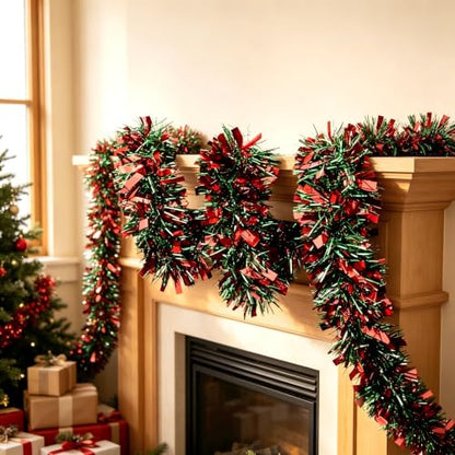 Red & Green Christmas Tinsel Garland 6.56 Ft Flexible Holiday Decor