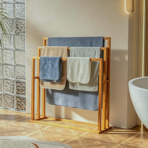 Large Teak Standing Towel Rack - Freestanding Bathroom Drying Organizer