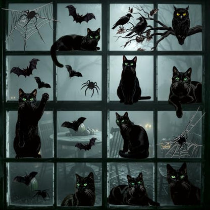 Large Black Cat Halloween Window Clings - 9 Sheets Spooky Decor for Glass Doors and Windows