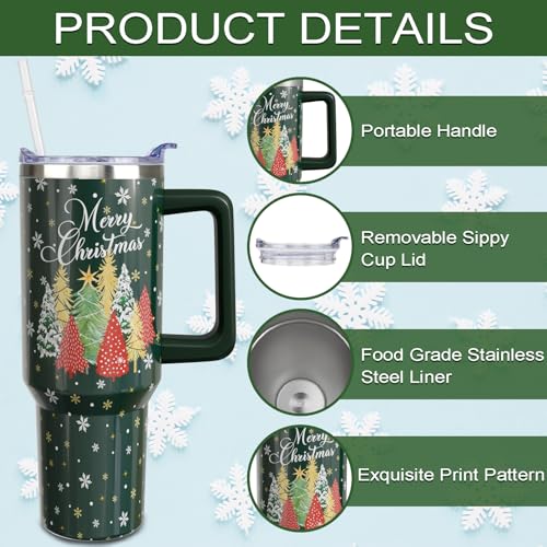 Pink Christmas Tumbler with Handle and Straw, 40oz Insulated Stainless Steel Snowman Cup - Green-Tree Variation