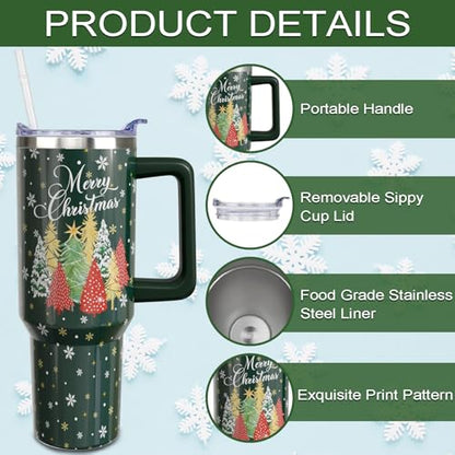 Pink Christmas Tumbler with Handle and Straw, 40oz Insulated Stainless Steel Snowman Cup - Green-Tree Variation