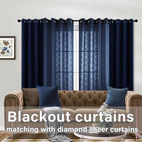 Navy Blue Sheer Curtains 52W x 84L Set of 2 Diamond Embroidered Drapes for Living Room & Bedroom - Winter Holiday Decor