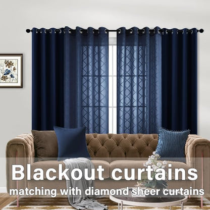 Navy Blue Sheer Curtains 52W x 84L Set of 2 Diamond Embroidered Drapes for Living Room & Bedroom - Winter Holiday Decor