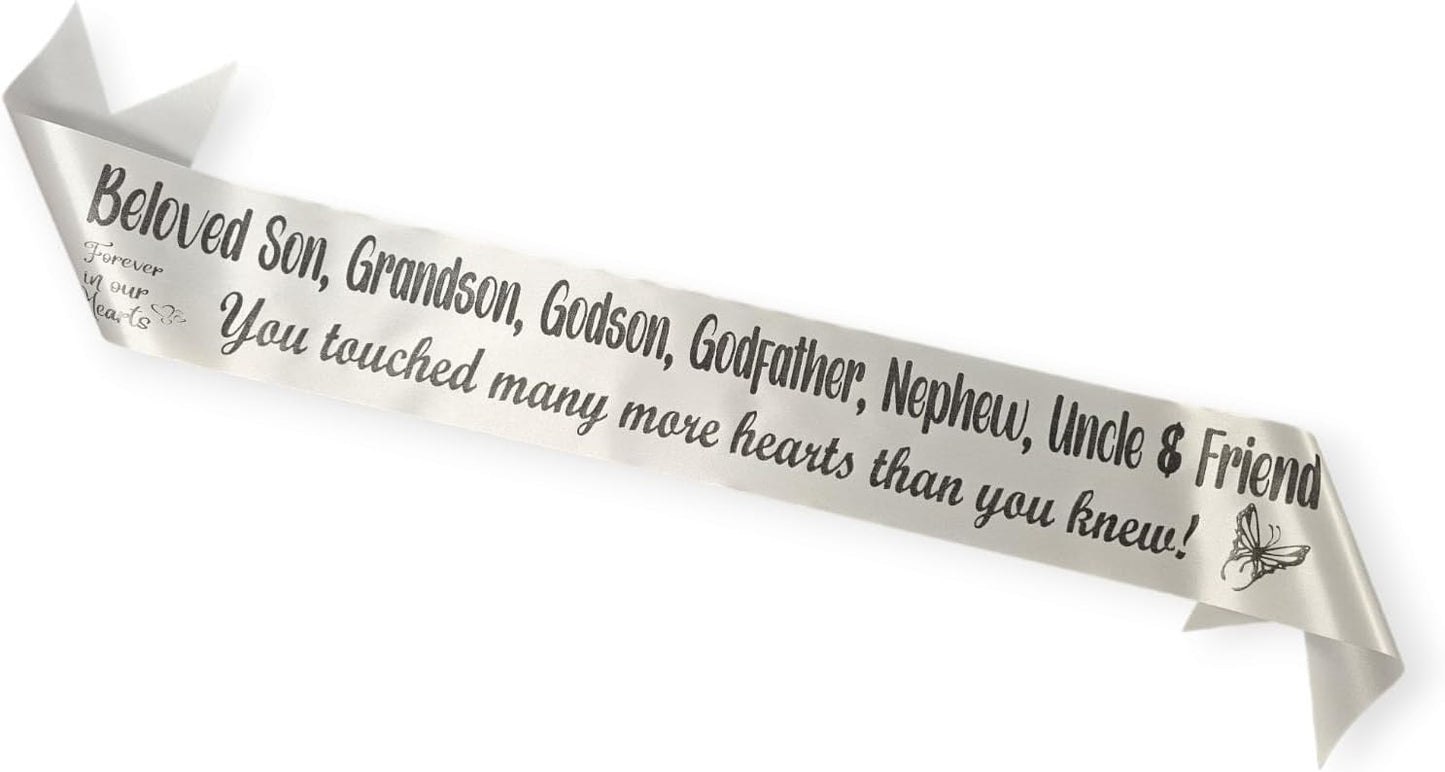 Regine Switzerland Personalized Memorial Funeral Sash - In Loving Memory Ribbon for Casket or Wreath (White)