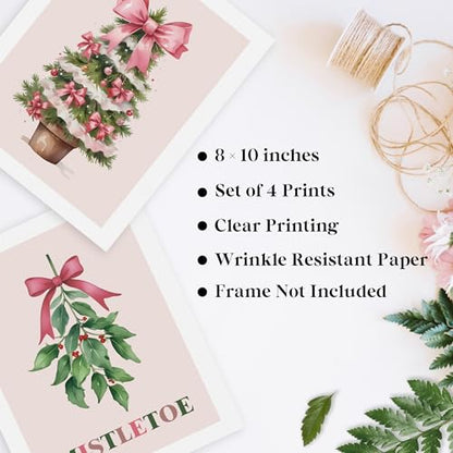 Christmas Tree Wall Art Prints Set of 4 - Pink & Green Mistletoe Decor for Girls Room, 8x10 Unframed
