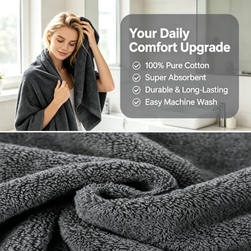 Gray Cotton Bath Towels Set 27 x 55 Inches - Pack of 2, Soft & Absorbent