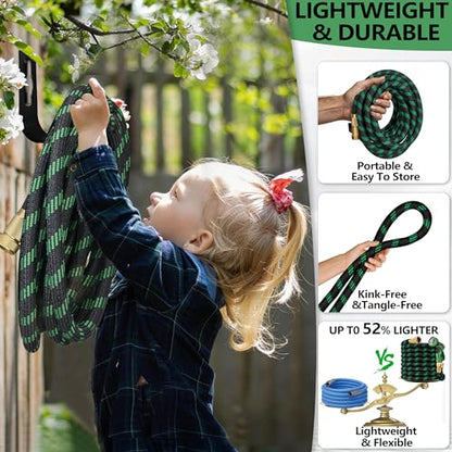 Black Green 100ft Garden Hose with 3/4 Inch Brass Fittings, Lightweight, Kink-Resistant & Leak-Free