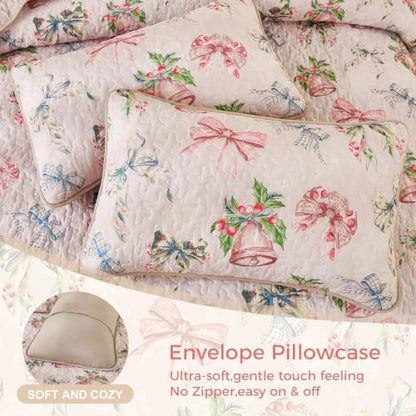 Christmas King Quilt Bedding Set with Bells & Bows Pattern - King Size 110x90