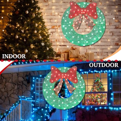 36-Inch Outdoor Christmas Wreath with 128 LED Lights and Bow - All Weather Yard Decor