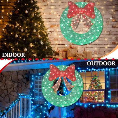 36-Inch Outdoor Christmas Wreath with 128 LED Lights and Bow - All Weather Yard Decor