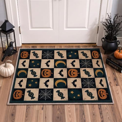 Halloween Runner Rug Pumpkin Moon Bat Non Slip 2x6 Antique Teal