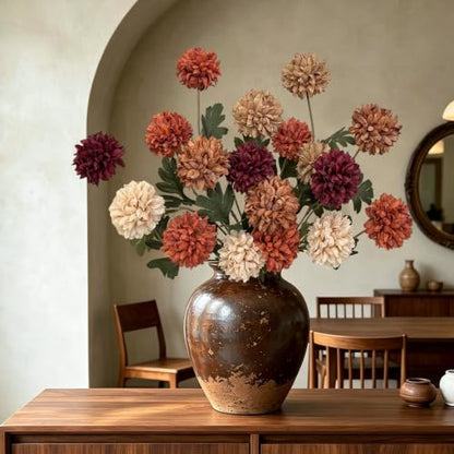 Artificial Fall Flowers 27Inch Faux Pompon Mums - Mixed Colors, Set of 6