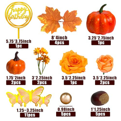 Fall Cake Topper Set with Autumn Flowers, Pumpkins & Maple Leaves for Thanksgiving