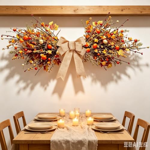 Fall Maple Leaf Pumpkin Berry Wreath with Burlap Bow for Front Door - Autumn Swag - Variation of This Listing: Mini Pumpkin