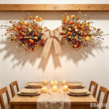 Fall Maple Leaf Pumpkin Berry Wreath with Burlap Bow for Front Door - Autumn Swag - Variation of This Listing: Mini Pumpkin
