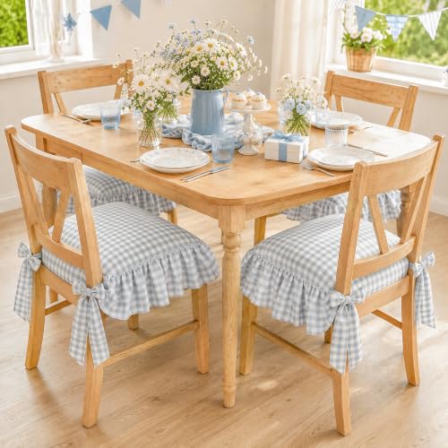 Farmhouse Blue Gingham Ruffle Chair Cushion Covers Set - 4 Pieces