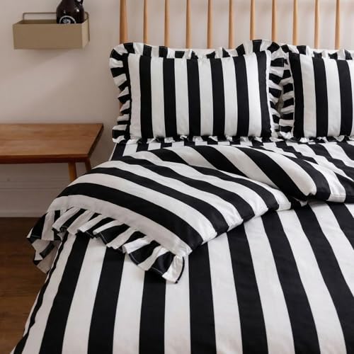 King Size Cotton Comforter Set Black & White Wide Stripes Ruffled Edges - All Seasons