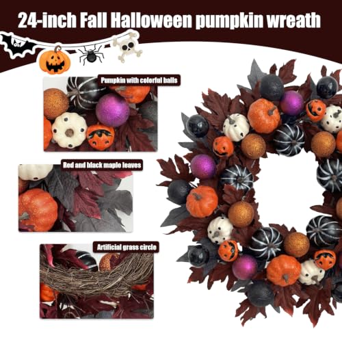 Halloween Ball Wreath for Front Door - 24 Inch Pumpkin Fall Decor Black Variation