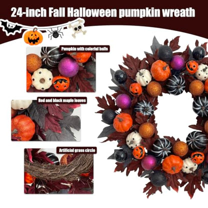 Halloween Ball Wreath for Front Door - 24 Inch Pumpkin Fall Decor Black Variation