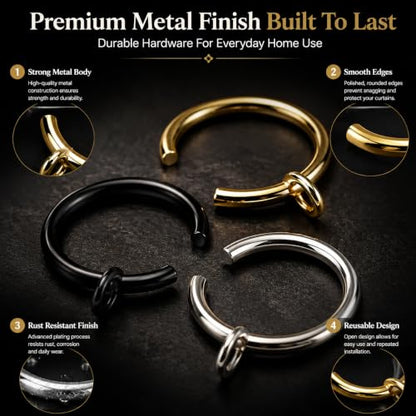Black Gold C-Shaped Curtain Rings 1.25-inch 30-Pack for Rods