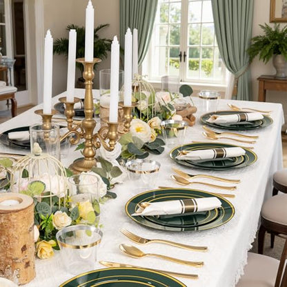 Green Plastic Party Plates Set for 50 Guests - Gold & Rolled Napkins, Disposable Dinnerware