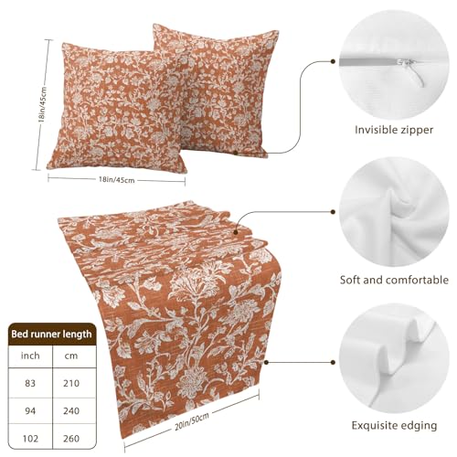 King Size Botanical Rose Bed Runner Set with Pillow Covers Burnt Orange 94x20"