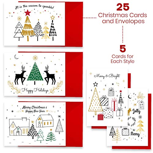 Christmas Greeting Cards Pack of 25 with Gold Foil - Happy Holidays Assorted Designs
