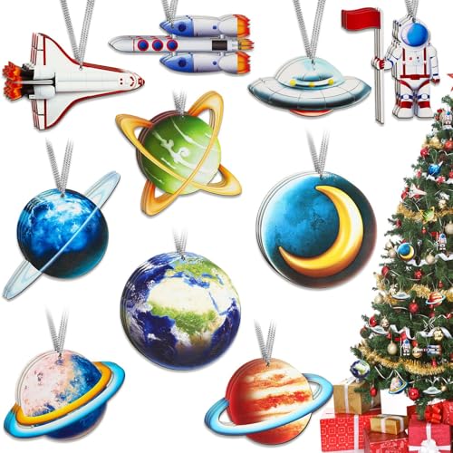 Outer Space Wooden Ornaments for Christmas Tree - Astronaut Theme Decor, 30 Pack