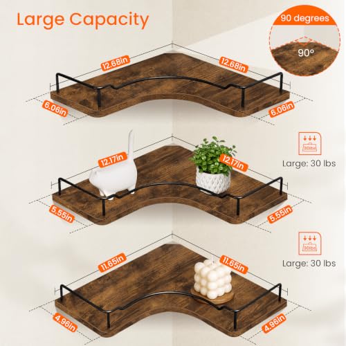 L-Shaped Corner Floating Wall Shelves Set of 3 Rustic Brown Wall Mounts with Guardrails