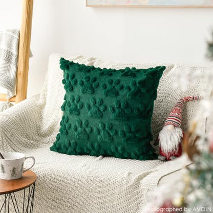 Christmas Pet Dog Paws Throw Pillow Covers 18x18 Inch Set of 2 - Red & Green Faux Fur