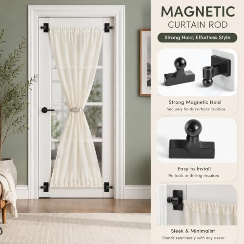 Magnetic Door Curtain Rod - Adjustable Black Metal Rod for Metal Doors & Windows