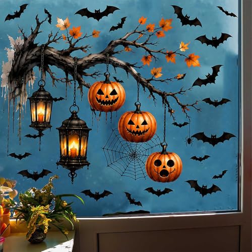 Halloween Window Clings Spooky Pumpkin Lantern Bat Tree Design - Style25