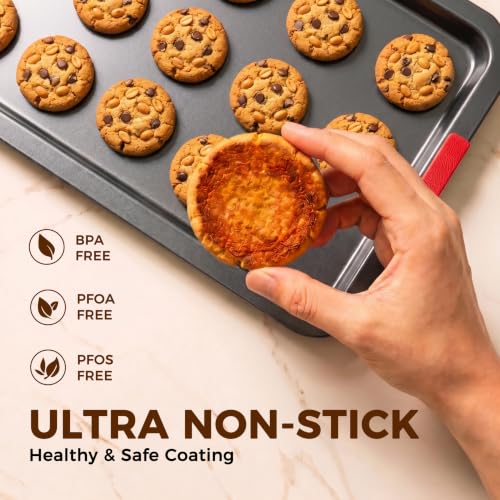 Nonstick Cookie Sheet Set of 3 - Carbon Steel Baking Pans with Lychee Handles, Gray Variation