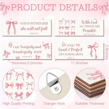 Pink Bow Christian Wall Decor Set - 4 Wooden Religious Room Accents